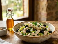 Straccetti di pollo saporiti con olive nere e sedano in una ciotola di ceramica su tavola di legno