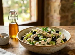 Straccetti di pollo freddi con olive e sedano Straccetti di pollo saporiti con olive nere e sedano in una ciotola di ceramica su tavola di legno
