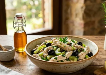 Straccetti di pollo freddi con olive e sedano Straccetti di pollo saporiti con olive nere e sedano in una ciotola di ceramica su tavola di legno