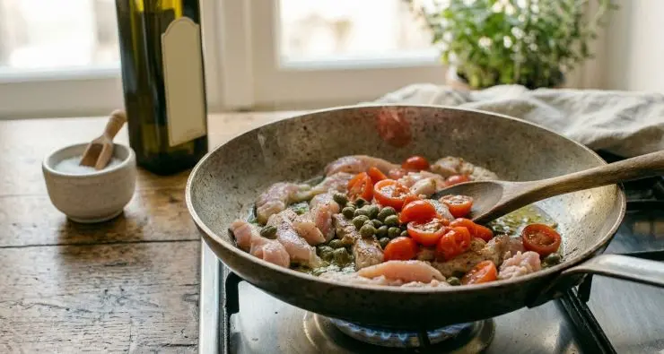 Cuoceteli per 2 minuti girandoli continuamente, quindi sfumate con l’aceto di vino bianco e lasciate evaporare l’alcol per 10 secondi. Prendete i pomodorini e schiacciateli con le mani direttamente nella padella, in modo da far uscire tutto il succo interno prima di aggiungerli alla carne. Unite anche i capperi tritati.