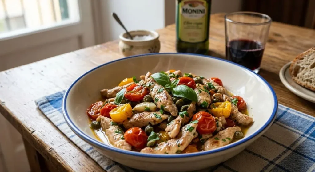 Straccetti di tacchino con pomodorini e capperi - Piatto pronto Un piatto fondo in ceramica con straccetti di tacchino cotti in padella, conditi con pomodorini rossi e gialli, capperi e basilico fresco, servito su una tovaglia a quadri blu e bianca.
