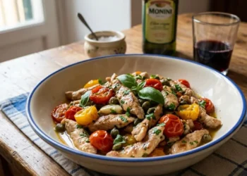 Un piatto fondo in ceramica con straccetti di tacchino cotti in padella, conditi con pomodorini rossi e gialli, capperi e basilico fresco, servito su una tovaglia a quadri blu e bianca.