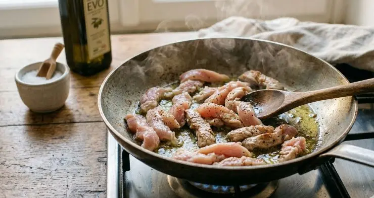 Tagliate le fette di tacchino a strisce irregolari (straccetti) larghe circa un centimetro. Lavate i pomodorini e versateli in una ciotola. Dissalate i capperi sotto l’acqua corrente e tritateli grossolanamente. In una padella capiente scaldate l’olio extravergine d’oliva con lo spicchio d’aglio schiacciato. Quando l’aglio sarà dorato, eliminatelo e unite gli straccetti di tacchino a fiamma altissima.
