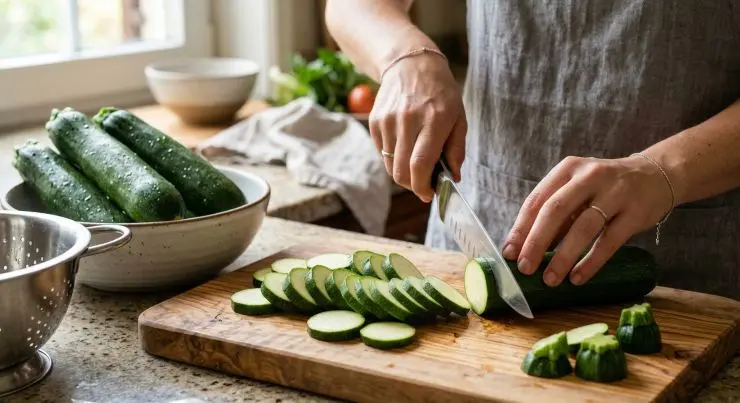 Preriscaldate il forno a 210 gradi in modalità ventilata e foderate un’ampia teglia con carta forno. Lavate le zucchine, spuntatele e tagliatele a rondelle regolari dello spessore di circa mezzo centimetro (se troppo sottili rischiano di bruciarsi al forno). Tamponatele bene con un canovaccio pulito per eliminare l’acqua superficiale e trasferitele in una ciotola capiente.