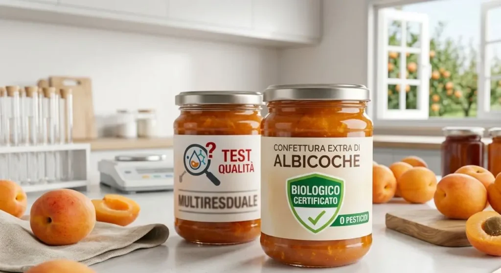 Barattoli di confettura di albicocche sul bancone della cucina con etichette del test di qualità sul biologico e multiresiduale di pesticidi