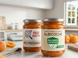 Barattoli di confettura di albicocche sul bancone della cucina con etichette del test di qualità sul biologico e multiresiduale di pesticidi