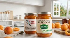 Barattoli di confettura di albicocche sul bancone della cucina con etichette del test di qualità sul biologico e multiresiduale di pesticidi