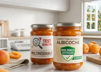 Analisi e test sulle confetture di albicocche Barattoli di confettura di albicocche sul bancone della cucina con etichette del test di qualità sul biologico e multiresiduale di pesticidi