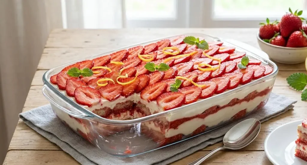 Tiramisù estivo alle fragole e limone Un tiramisù alle fragole e limone in una pirofila di vetro trasparente che mostra gli strati di crema e savoiardi, decorato in superficie con fragole fresche a fette e foglioline di menta.
