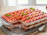 Un tiramisù alle fragole e limone in una pirofila di vetro trasparente che mostra gli strati di crema e savoiardi, decorato in superficie con fragole fresche a fette e foglioline di menta.