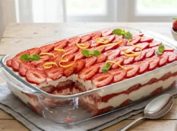 Tiramisù estivo alle fragole e limone Un tiramisù alle fragole e limone in una pirofila di vetro trasparente che mostra gli strati di crema e savoiardi, decorato in superficie con fragole fresche a fette e foglioline di menta.