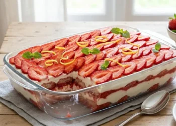 Un tiramisù alle fragole e limone in una pirofila di vetro trasparente che mostra gli strati di crema e savoiardi, decorato in superficie con fragole fresche a fette e foglioline di menta.