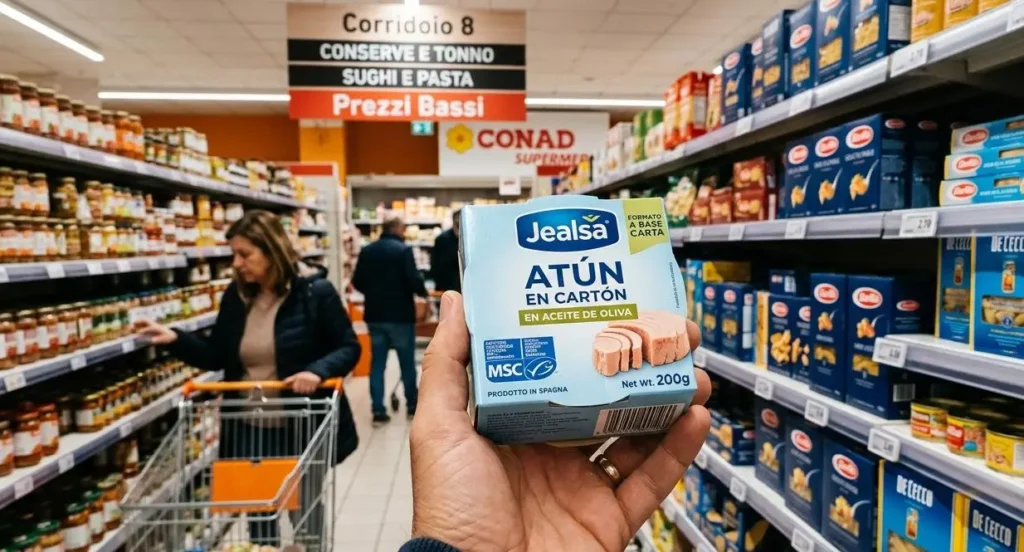tonno-in-cartone-supermercato Nuovo packaging del tonno in cartone Tetra Pak Jealsa esposto nel reparto conserve di un supermercato
