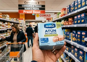 Nuovo packaging del tonno in cartone Tetra Pak Jealsa esposto nel reparto conserve di un supermercato