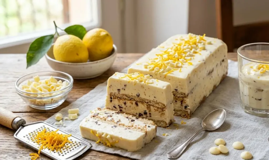 Torta fredda limone e cioccolato bianco senza colla di pesce Una torta fredda al limone e cioccolato bianco tagliata a fette su un tavolo in legno, decorata con scorza d'arancia e riccioli di cioccolato, accanto a limoni freschi.