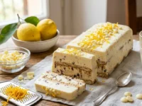 Una torta fredda al limone e cioccolato bianco tagliata a fette su un tavolo in legno, decorata con scorza d'arancia e riccioli di cioccolato, accanto a limoni freschi.