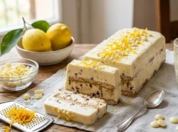 Torta fredda limone e cioccolato bianco senza colla di pesce Una torta fredda al limone e cioccolato bianco tagliata a fette su un tavolo in legno, decorata con scorza d'arancia e riccioli di cioccolato, accanto a limoni freschi.
