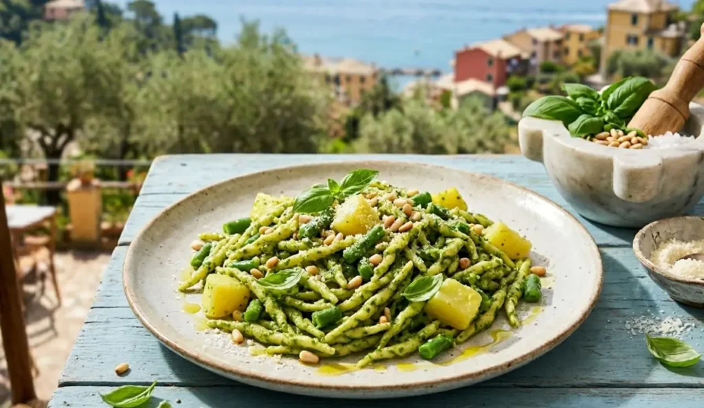 Trofie al pesto con patate e fagiolini: la ricetta estiva ligure Un piatto di trofie fresche condite con pesto verde smeraldo, cubetti di patate e fagiolini, servito su un tavolo di legno azzurro con sfondo della costa ligure e un mortaio di marmo con basilico e pinoli.