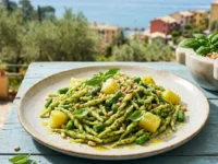 Un piatto di trofie fresche condite con pesto verde smeraldo, cubetti di patate e fagiolini, servito su un tavolo di legno azzurro con sfondo della costa ligure e un mortaio di marmo con basilico e pinoli.