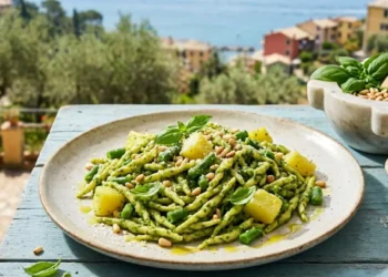 Un piatto di trofie fresche condite con pesto verde smeraldo, cubetti di patate e fagiolini, servito su un tavolo di legno azzurro con sfondo della costa ligure e un mortaio di marmo con basilico e pinoli.
