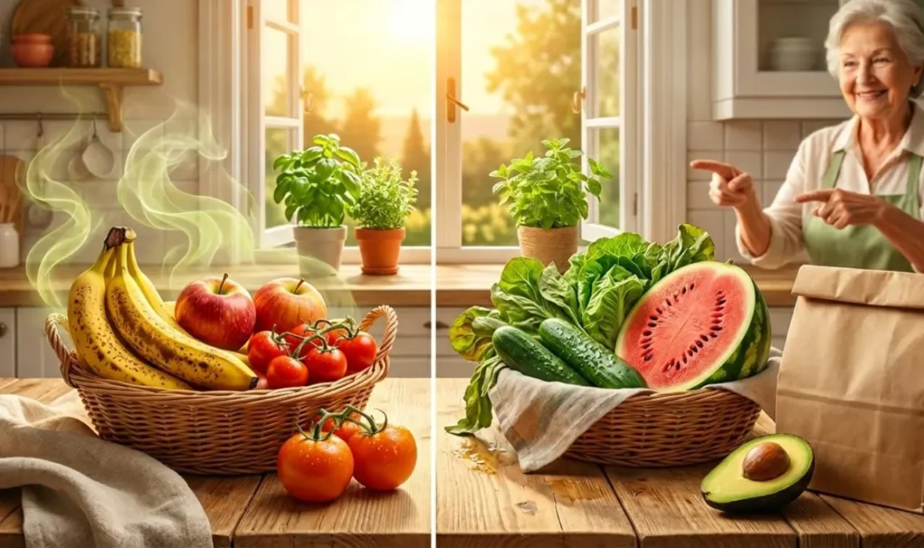 Cesto di frutta estiva con banane e pomodori che maturano sotto il sole di giugno accanto a un sacchetto di carta, trucco della nonna per la conservazione.