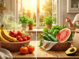 Cesto di frutta estiva con banane e pomodori che maturano sotto il sole di giugno accanto a un sacchetto di carta, trucco della nonna per la conservazione.