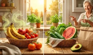 trucco-nonna-conservare-frutta-giugno-etilene Cesto di frutta estiva con banane e pomodori che maturano sotto il sole di giugno accanto a un sacchetto di carta, trucco della nonna per la conservazione.