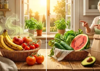 trucco-nonna-conservare-frutta-giugno-etilene Cesto di frutta estiva con banane e pomodori che maturano sotto il sole di giugno accanto a un sacchetto di carta, trucco della nonna per la conservazione.