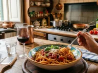Spaghetti al pomodoro fatti in casa in una cucina rustica per la World Pasta Night