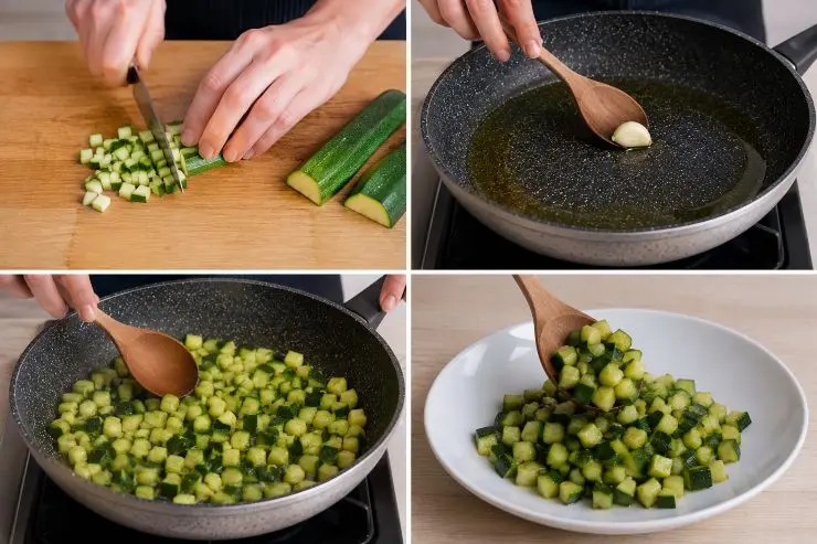 Tagliate le zucchine a cubetti piccolissimi di circa mezzo centimetro. In una padella capiente, scaldate un cucchiaio di olio extra vergine d’oliva con lo spicchio d’aglio intero; quando sarà dorato, eliminatelo ed aggiungete le zucchine a cubetti. Cuocete a fiamma vivace per 4 minuti, mantenendole croccanti, quindi trasferitele in un piatto.