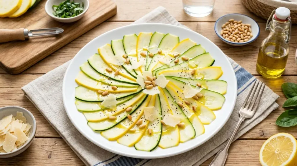 Carpaccio di zucchine crude croccanti Carpaccio di zucchine crude croccanti tagliate sottili e condite a raggiera con scaglie di parmigiano e pinoli