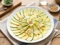 Carpaccio di zucchine crude croccanti tagliate sottili e condite a raggiera con scaglie di parmigiano e pinoli