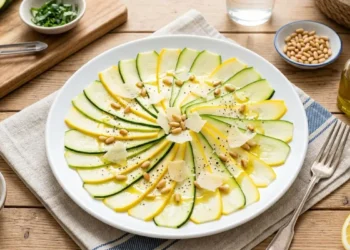 Carpaccio di zucchine crude croccanti Carpaccio di zucchine crude croccanti tagliate sottili e condite a raggiera con scaglie di parmigiano e pinoli