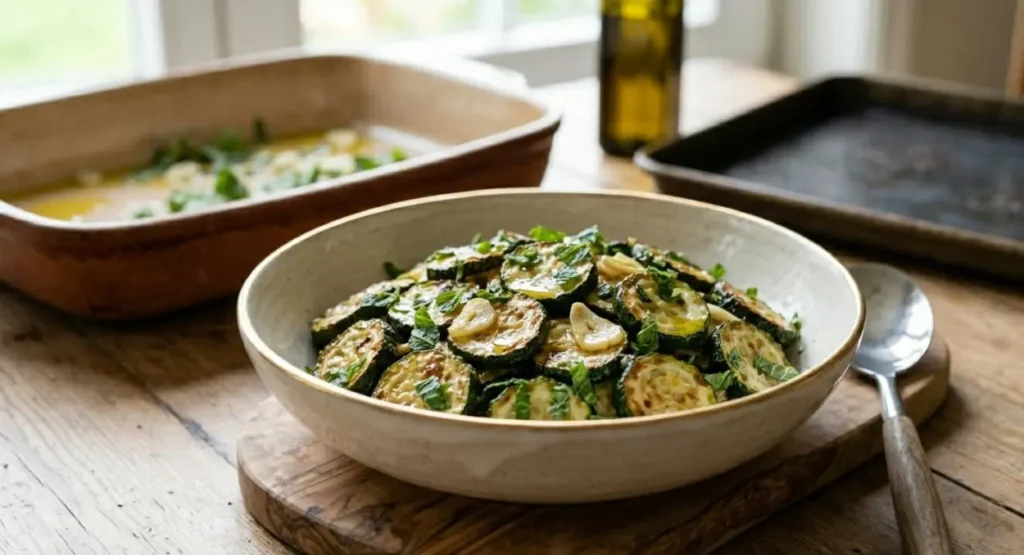 Un piatto di ceramica artigianale riempito con zucchine rosolate a rondelle, guarnito con foglie di menta fresca tritata e lamelle di aglio dorato. Il piatto poggia su un tagliere di legno di olivo con un cucchiaio da portata, sullo sfondo una teglia con salsa e una bottiglia di olio d'oliva.