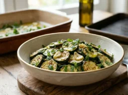 Un piatto di ceramica artigianale riempito con zucchine rosolate a rondelle, guarnito con foglie di menta fresca tritata e lamelle di aglio dorato. Il piatto poggia su un tagliere di legno di olivo con un cucchiaio da portata, sullo sfondo una teglia con salsa e una bottiglia di olio d'oliva.