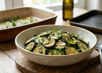 Un piatto di ceramica artigianale riempito con zucchine rosolate a rondelle, guarnito con foglie di menta fresca tritata e lamelle di aglio dorato. Il piatto poggia su un tagliere di legno di olivo con un cucchiaio da portata, sullo sfondo una teglia con salsa e una bottiglia di olio d'oliva.