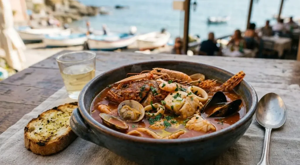 Zuppa di pesce ricca con frutti di mare e crostini Zuppa di pesce tradizionale servita in un tegame di terracotta con crostini di pane aglio e olio, sfondo mare e barche.
