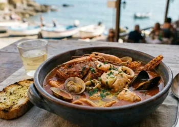 Zuppa di pesce tradizionale servita in un tegame di terracotta con crostini di pane aglio e olio, sfondo mare e barche.