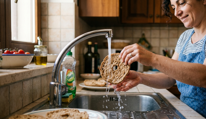 Il primo passo fondamentale è la “sponzatura” della frisella: passatele sotto un getto leggero di acqua fredda corrente per pochissimi secondi. Il tempo dipende dai gusti: se vi piace mantenere un cuore croccante bastano 3-4 secondi, altrimenti lasciatele un attimo in più, poi adagiatele su un piatto da portata. Lavate i pomodorini e tagliateli a cubetti: metteteli in una ciotolina.