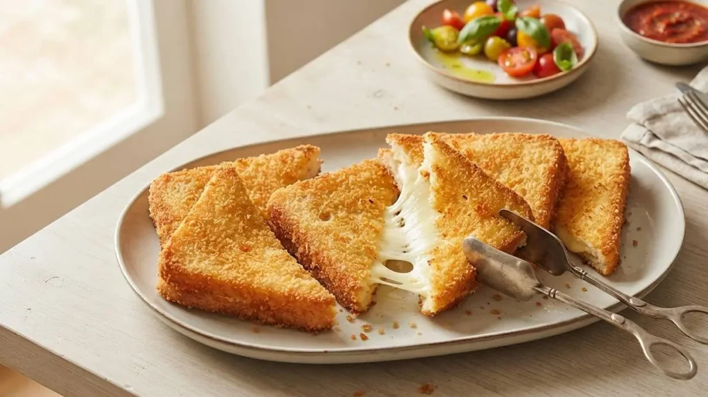 Mozzarella in carrozza al forno croccante Vassoio con mozzarella in carrozza al forno dorata, croccante e filante