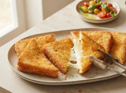 Vassoio con mozzarella in carrozza al forno dorata, croccante e filante
