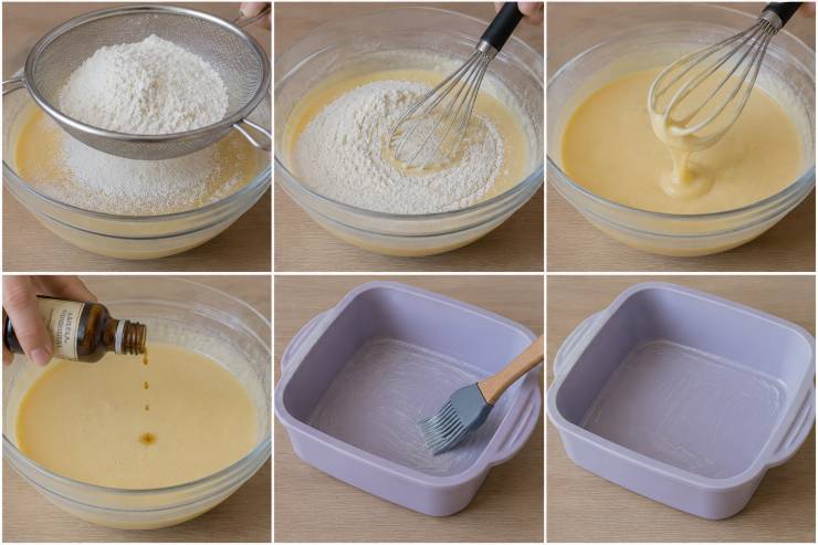 Setacciate la farina e il lievito per dolci, quindi aggiungeteli gradualmente al composto, continuando a mescolare per evitare la formazione di grumi. Infine, profumate l’impasto unendo l’aroma alla vaniglia. Prendete uno stampo in silicone (ottimo per la friggitrice ad aria, idealmente di dimensioni adatte come un quadrato 16×16 cm o tondo da 18 cm) e imburratelo leggermente. Versate l’impasto livellando la superficie.