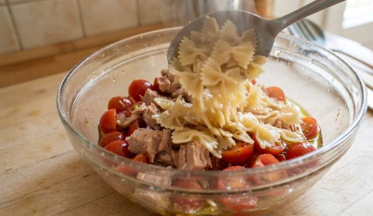 Quando le farfalle saranno completamente fredde, aggiungetele nella ciotola con il condimento e amalgamate con cura per distribuire uniformemente i sapori. Spezzettate con le mani qualche fogliolina di basilico fresco, unitela alla pasta, completate con un ultimo giro di olio extravergine d’oliva e mettete a riposare in frigorifero o a temperatura ambiente per almeno 15-20 minuti prima di servire