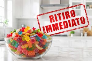 Grande ciotola di vetro con caramelle gommose assortite in primo piano in una cucina bianca moderna e luminosa con timbro rosso Ritiro Immediato