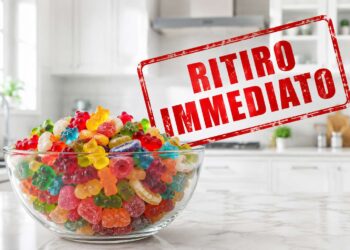allerta-ministero-caramelle-gommose-ritirate Grande ciotola di vetro con caramelle gommose assortite in primo piano in una cucina bianca moderna e luminosa con timbro rosso Ritiro Immediato