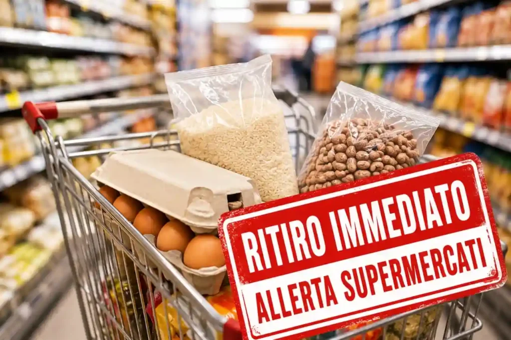Carrello della spesa in un supermercato con uova e riso e timbro rosso Ritiro Immediato per allerta alimentare