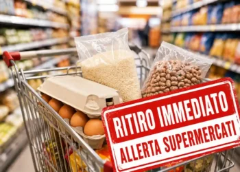 Carrello della spesa in un supermercato con uova e riso e timbro rosso Ritiro Immediato per allerta alimentare