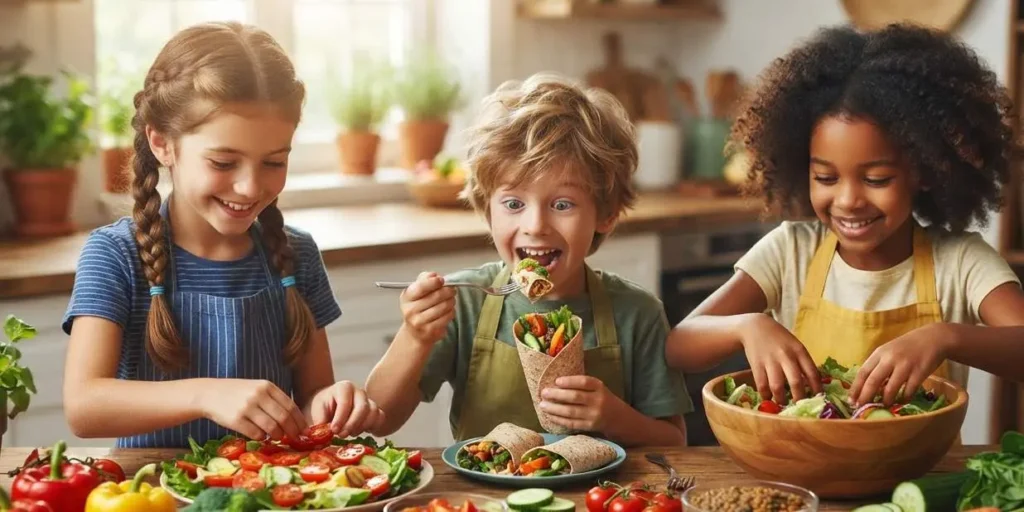 bambini-che-preparano-verdure-fresche Bambini felici in cucina preparano un piatto sano con verdure fresche e colorate