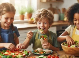 Bambini felici in cucina preparano un piatto sano con verdure fresche e colorate