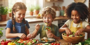 Bambini felici in cucina preparano un piatto sano con verdure fresche e colorate